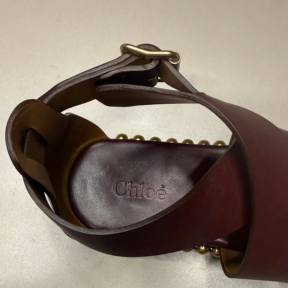 Chloé Burgundy Crisscross Leather Platform Sandals with Gold Bead Trim - Picture 4 of 12